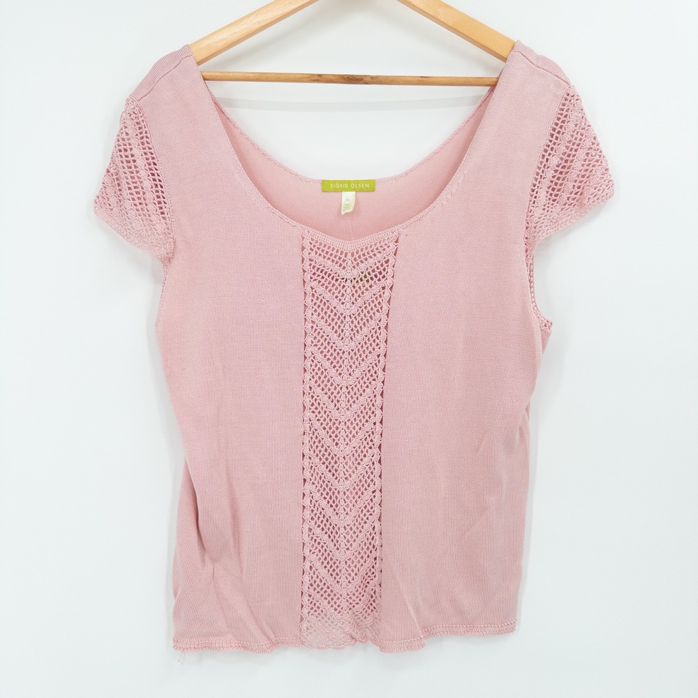 Sigrid Olsen Pink Crochet Knit Top XL Romantic Feminine Boho Lightweight Silk‎